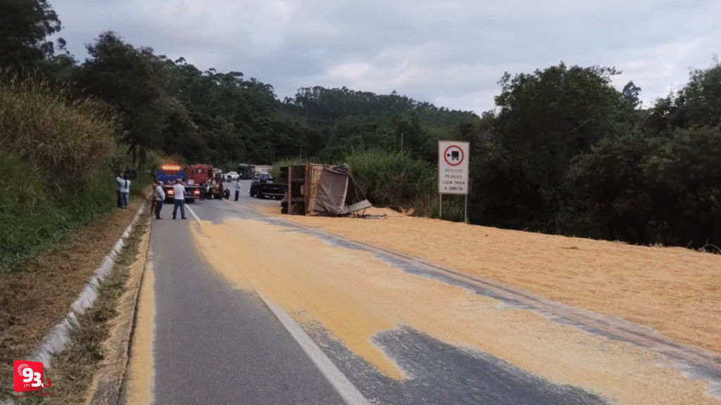 Caminhão tomba e derrama carga de milho na BR 265, entre Barbacena e Barroso