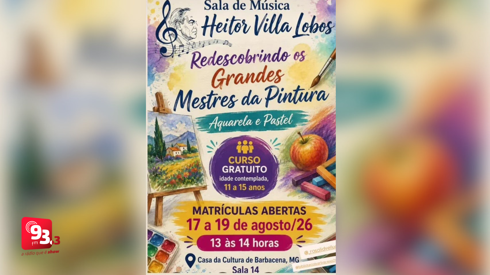 Leia mais sobre o artigo Casa da Cultura de Barbacena abre inscrições para curso gratuito de aquarela e pastel para jovens